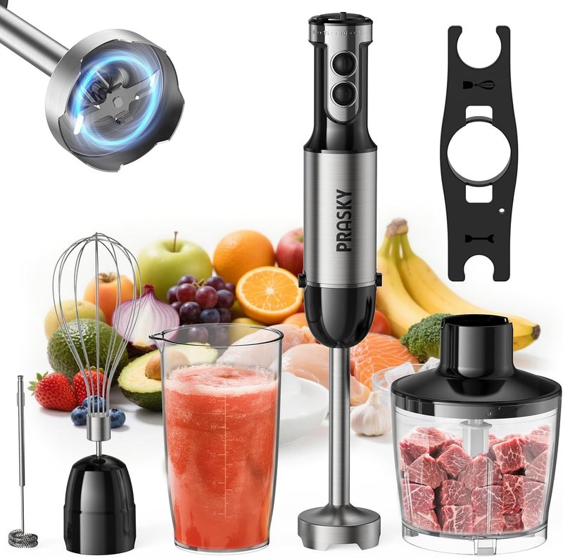 Prasky Immersion Blender Handheld Hand Blenders, 20 Speed & Turbo Mode Hand Held Blender, Heaviest Duty Copper Motor, Stainless Steel Blades, Milk Frother Wand, Whisk, 600ml Beaker, 500ml Chopper (Silver) - Image 1